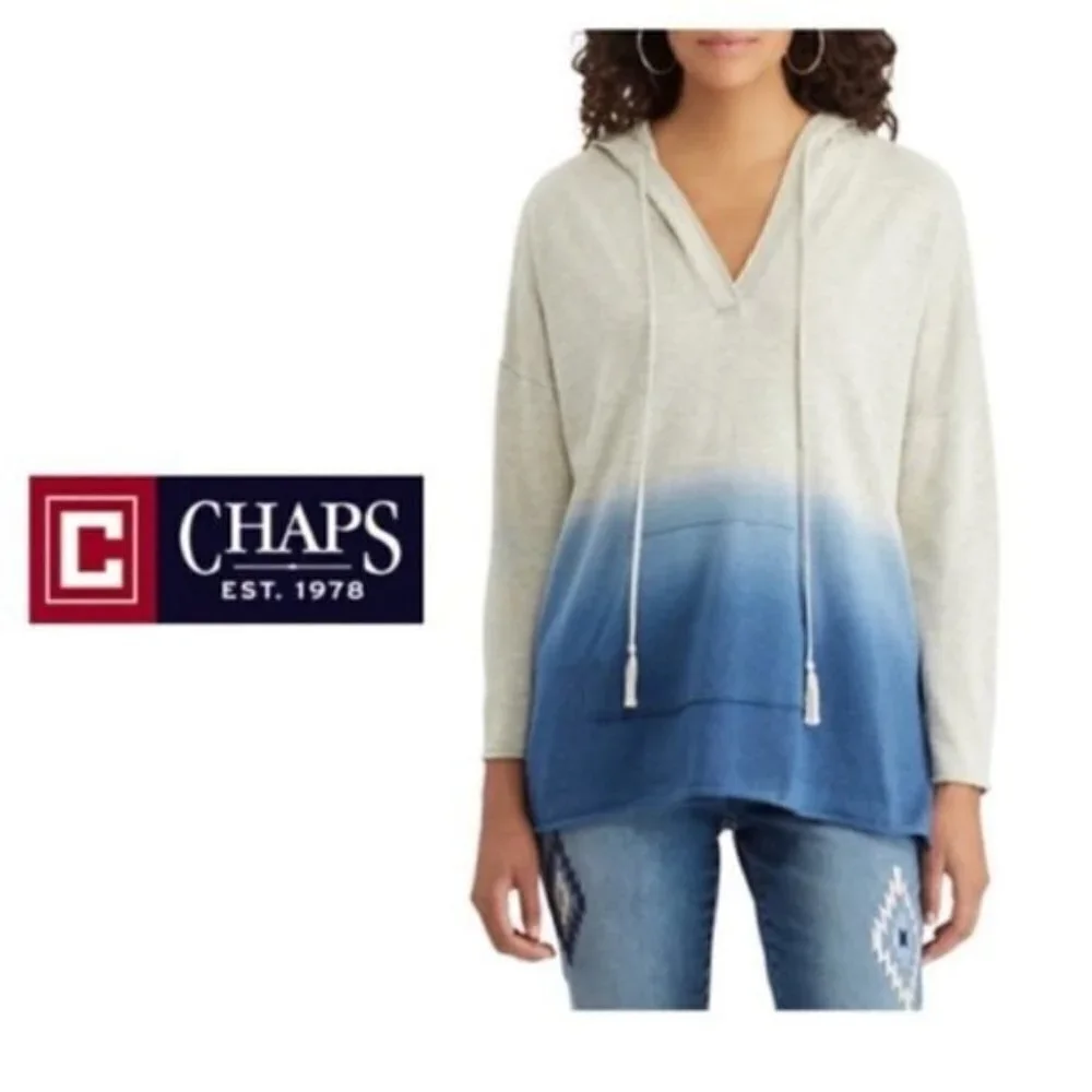 Chaps Womens Blue Ombre Tie Dyed Long Sleeve Pull Over Kangaroo Hoodie Sz S New